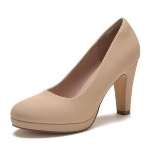 miss left Women's Low Platform High Chunky Heels Slip On Closed Round Toe Nude